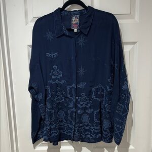 Johnny Was Navy Embroidered Button-Front Blouse